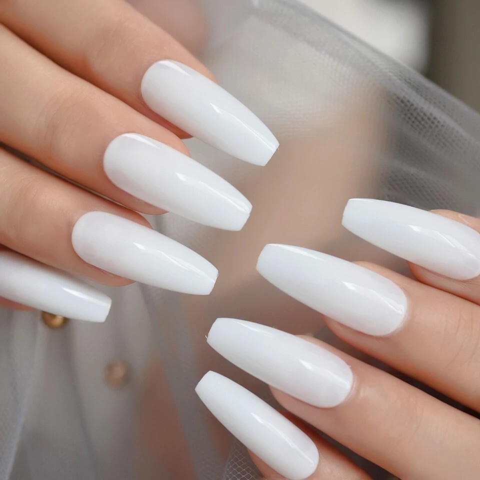 24 Milky white Press on nails kit glue extra long coffin