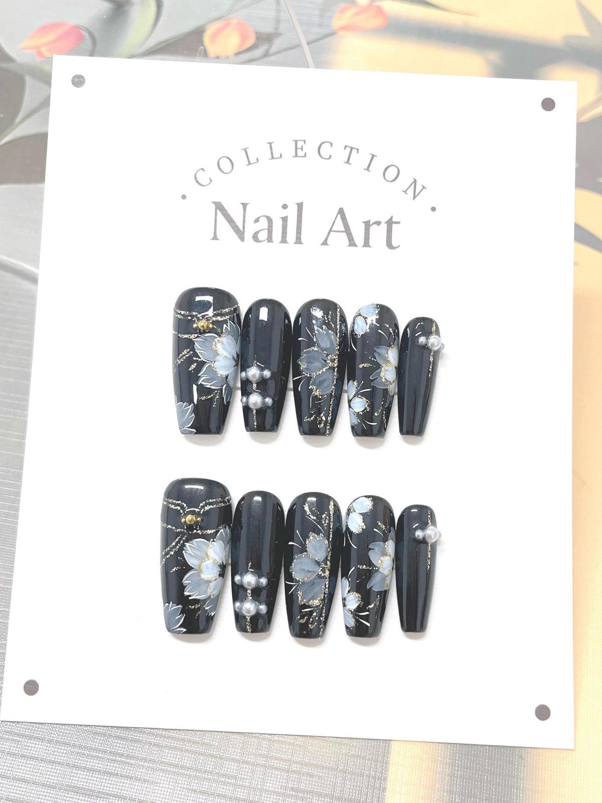 Custom Pure Handmade Nails Black Base Grey Flower Gold Foil Pearl Cool Manicure