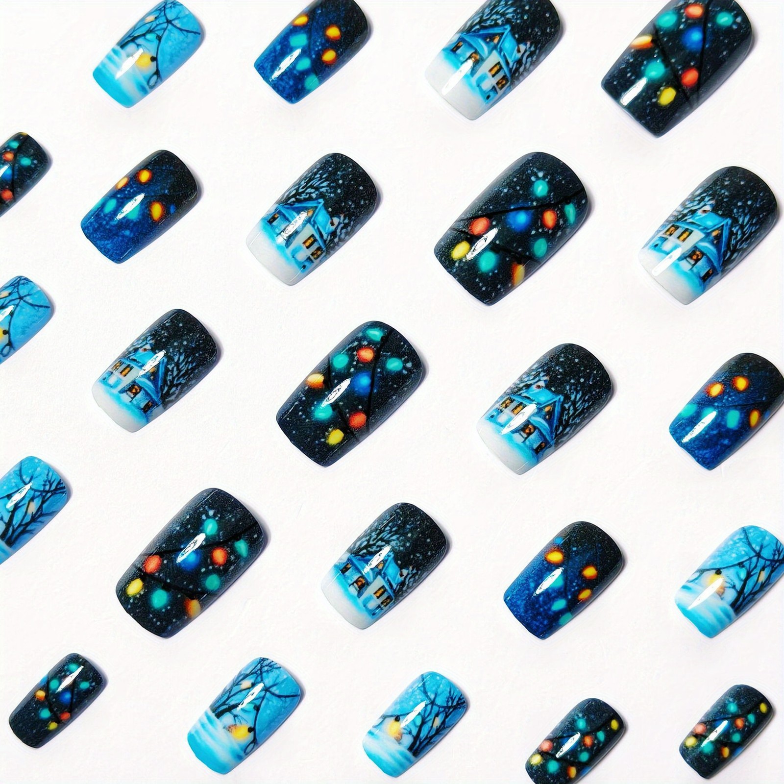 48pcs Winter Holiday Press On Nails Christmas Cottage Reusable False Nail Kit