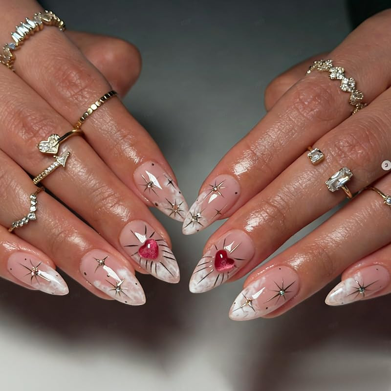 Silver Star Press on Nails Medium Almond Fake Nails 4Th of July False Nails Rhin