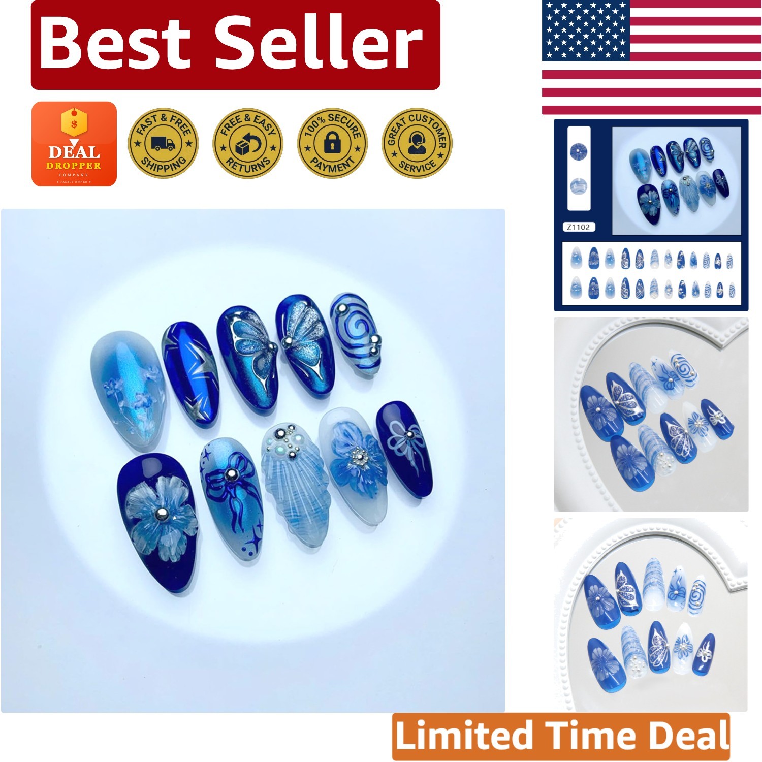 Reusable Floral Almond-Shaped Press On Nails – Easy Application & Glossy Finish