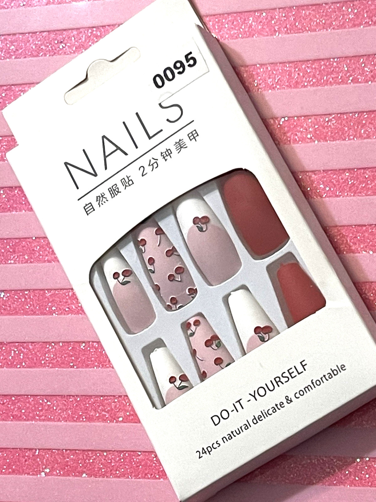 Nails Do It Yourself NUDE with WHITE FRENCH and CHERRY DETAILS Press On Manicure