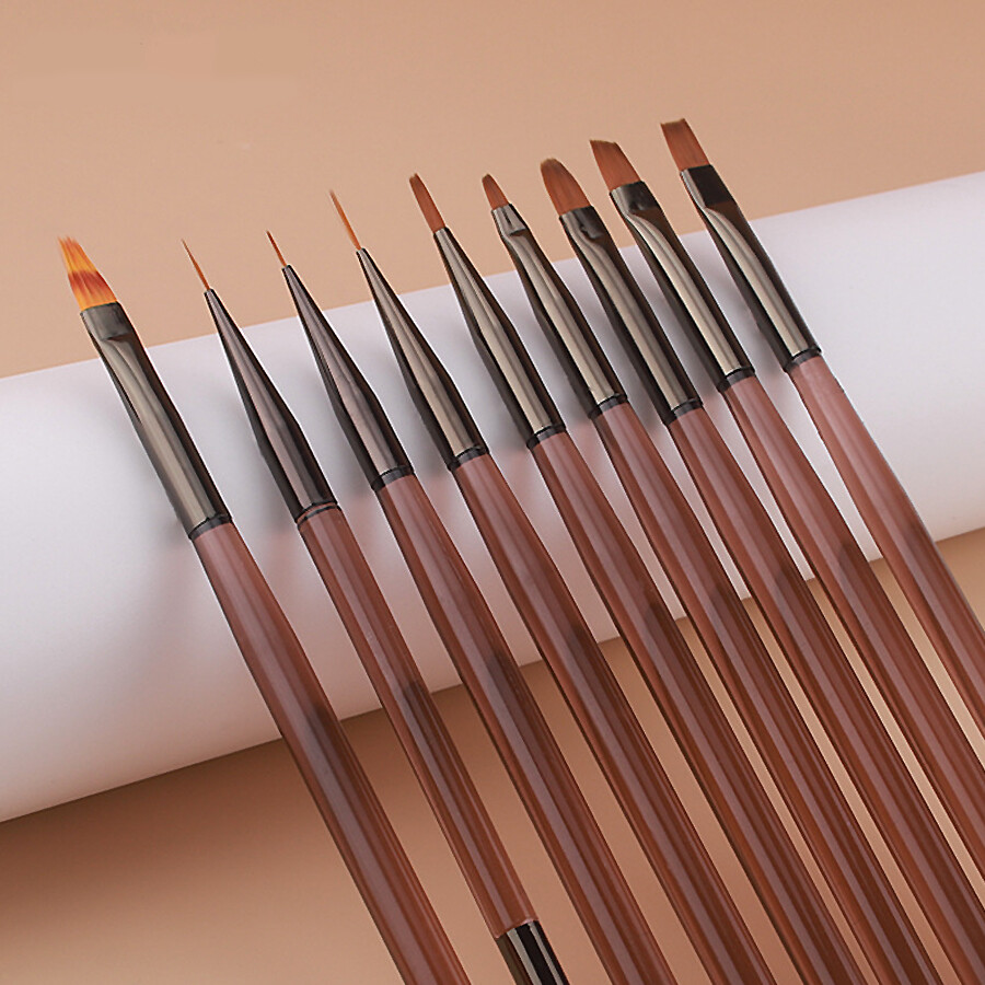 9Pcs Brown Nail Art Brush Set for Gel, Fine Line, Painting and Detail Work Pens