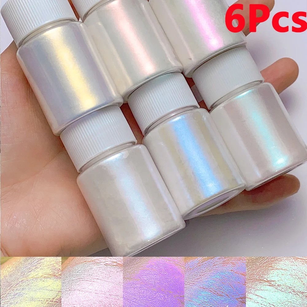 Aurora Mermaid Nail Art Powder 6 Pcs Set High Gloss White Pearl Chrome Pigment