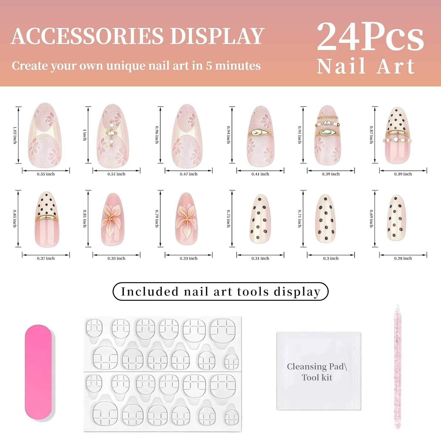 24Pcs 3D Flower Press on Nails Almond Polka Dot French Tip Fake Nails with Flora