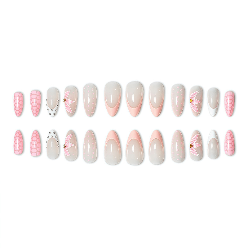 48Pcs-Sweet Light Pink Almond Mix Print Dot Star Lattice Line Press on Nails