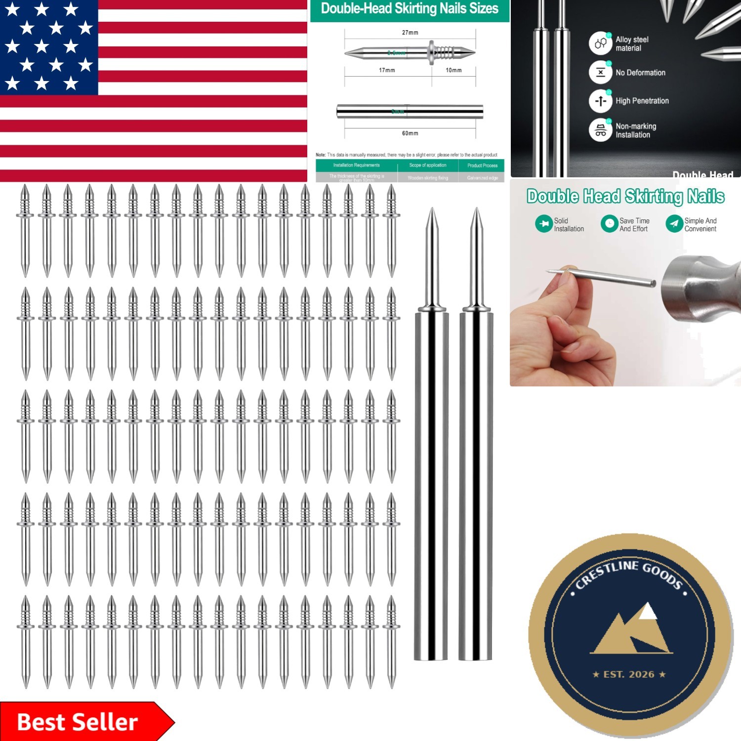250 Pcs Double Head Seamless Nails for Professional Skirting Board Finishes
