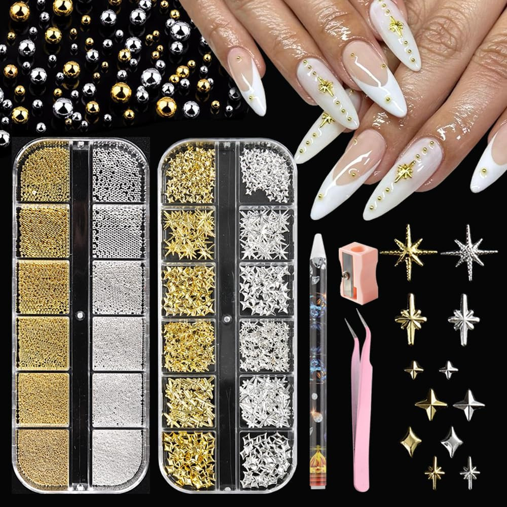 Mixed Sizes Half round Steel Beads 3D Nail Charms, Black Flatback Metal Caviar B