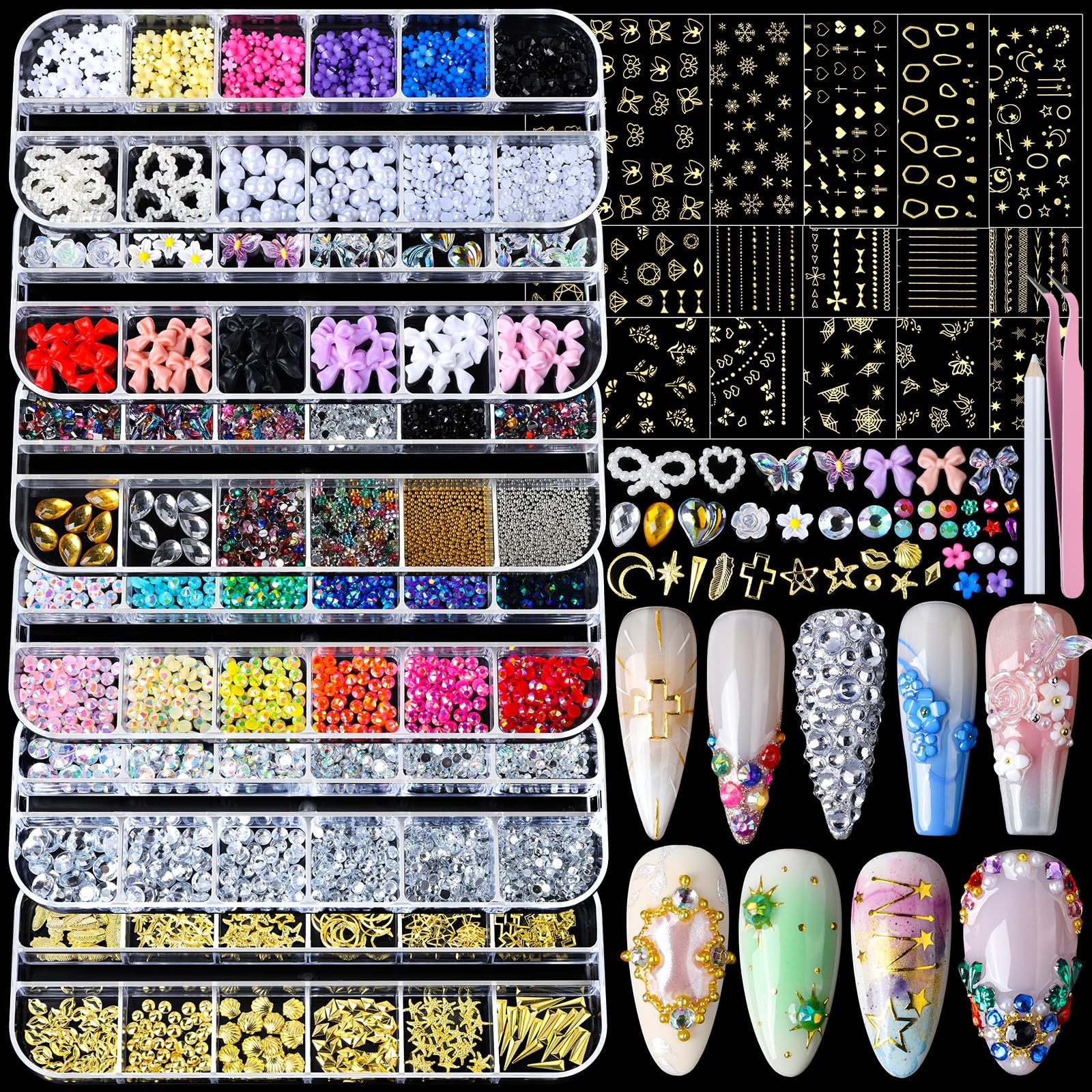Nail Charms Nail Gems with 15 Sheets Gold Nail Stickers, 6 Boxes of Rhineston…