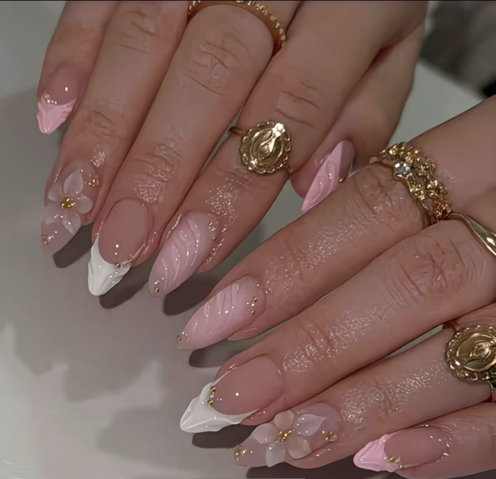 Unique Art Pink White Gold 3D French Almond Gel Flower Press-On Nails Set