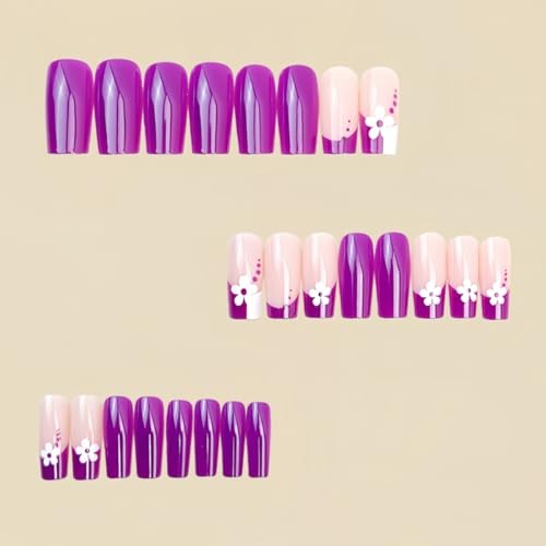 24Pcs Purple Press on Nails Medium Square French Fake Nails Press Design A12
