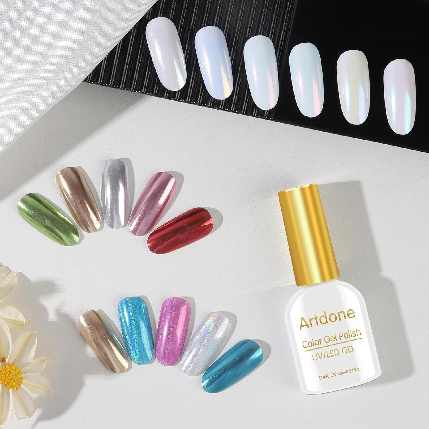 Artdone 16Jars Chrome Nail Powder Magic White Pearl Kit Mirror Effect Silver Met