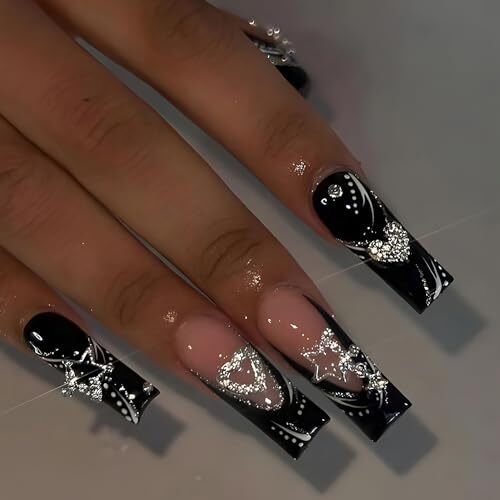 Press on Nails Coffin Long Black French and Silver Star Heart Glitter Gems