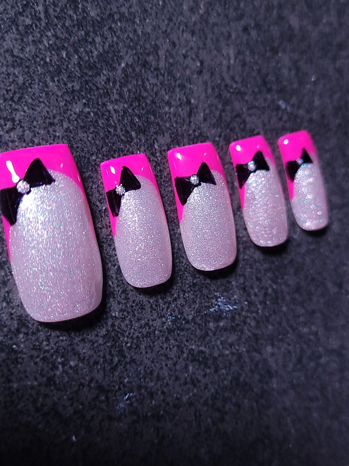 Custom Gel Press on Nails Handmade 10 pc set SMALL Neon Pink Black Bow