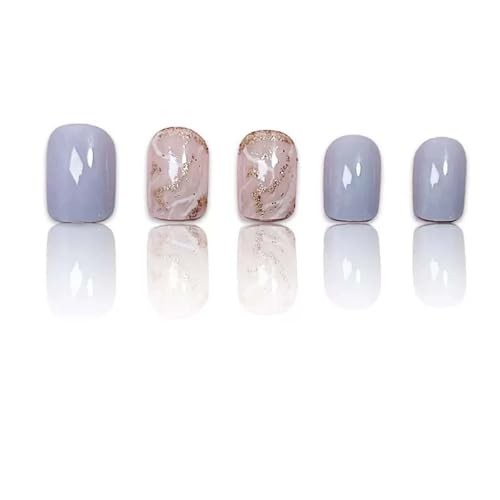 Square Press On Nails Fake Marbling with Short Blue Glitter D40