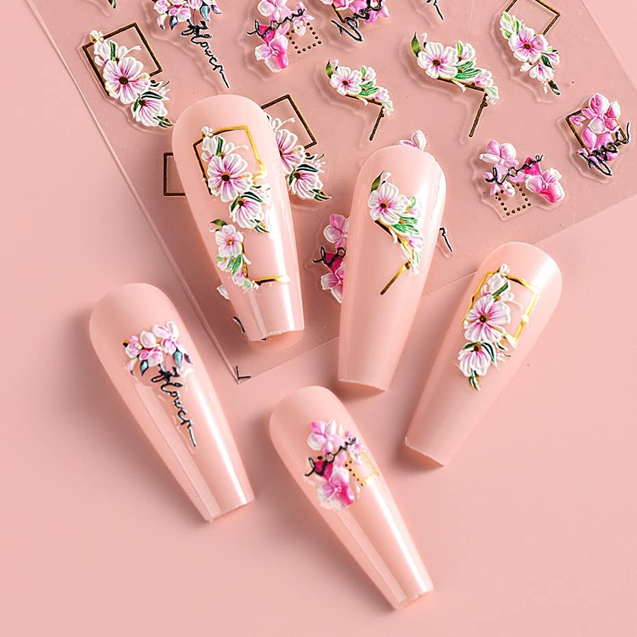 Self-Adhesive Summer Nail Art Stickers – 3D Floral & Leaf Patterns, Set of 4