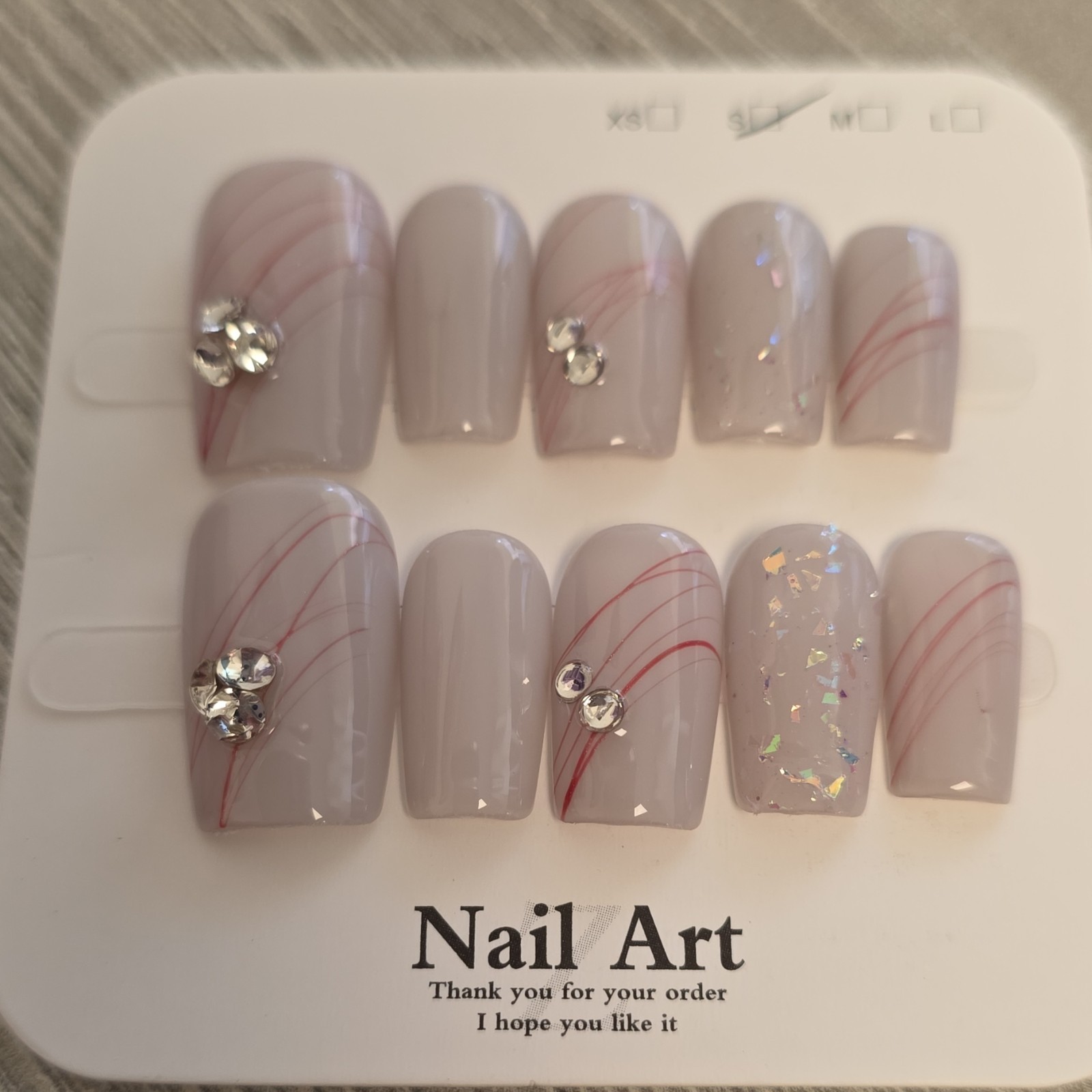 Light Gray Red Silver 3D Rhinestone Small-Medium Square Press-On Nails Set
