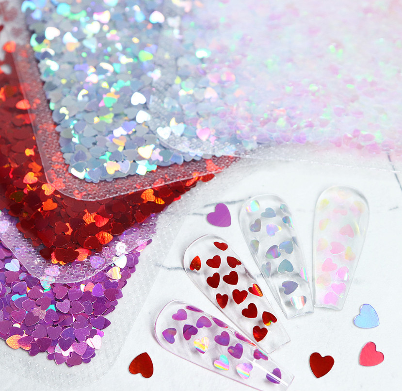 Holographic Love Hearts Nail Art Glitter Sequins Valentines Day Nail Charms NH25