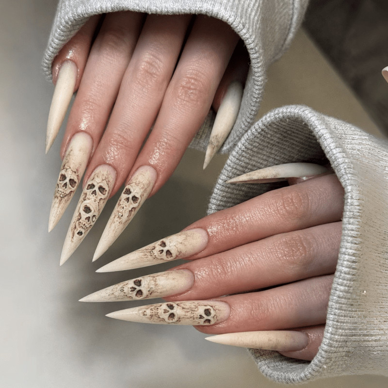 48 Pcs Vintage Skull Long Stiletto Press on Nails, Edgy Gothic Trendy Fake Nails