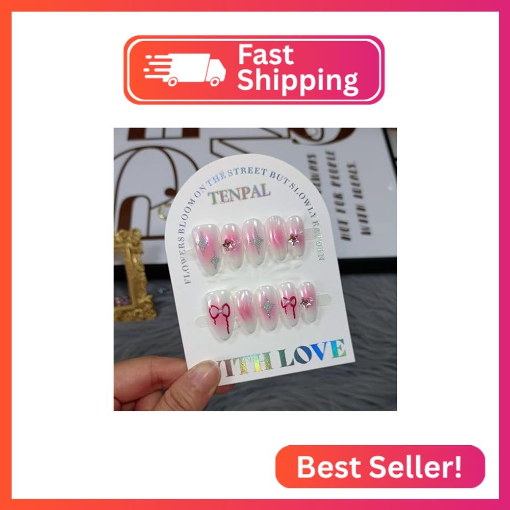 TENPAL Handmade Press On Nails Almond-Aurora Pink Acrylic Soft Gel Finished Reus