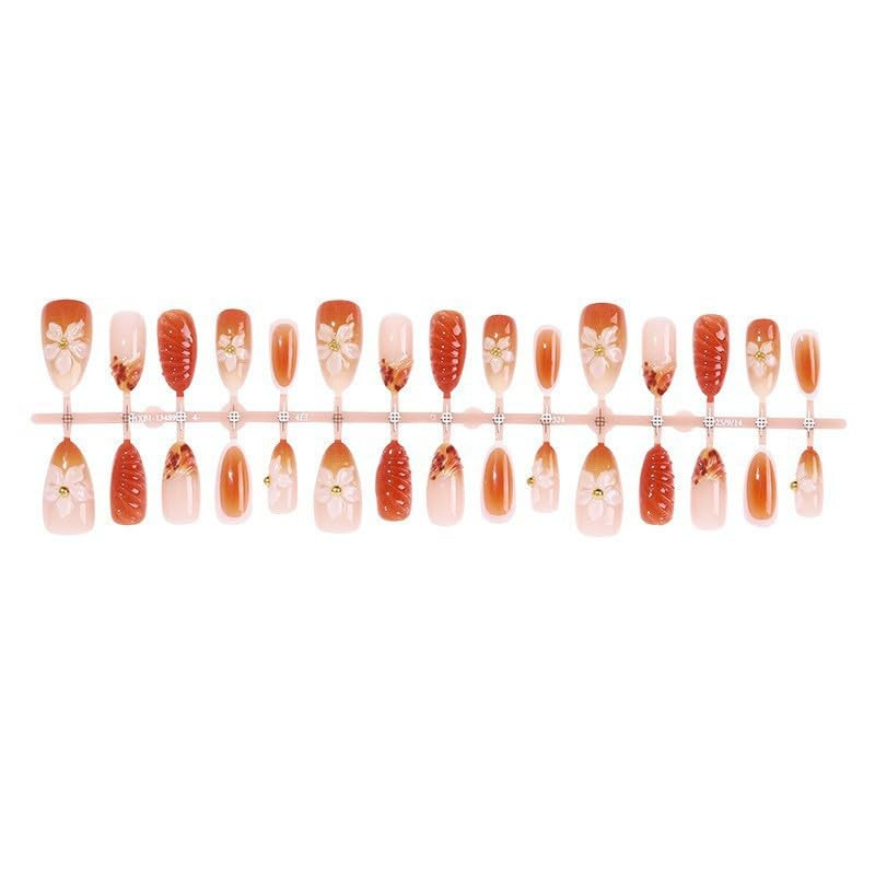 Almond Press on Nails 3D Floral Fake Dark Brown False Artificial Stick on Nails