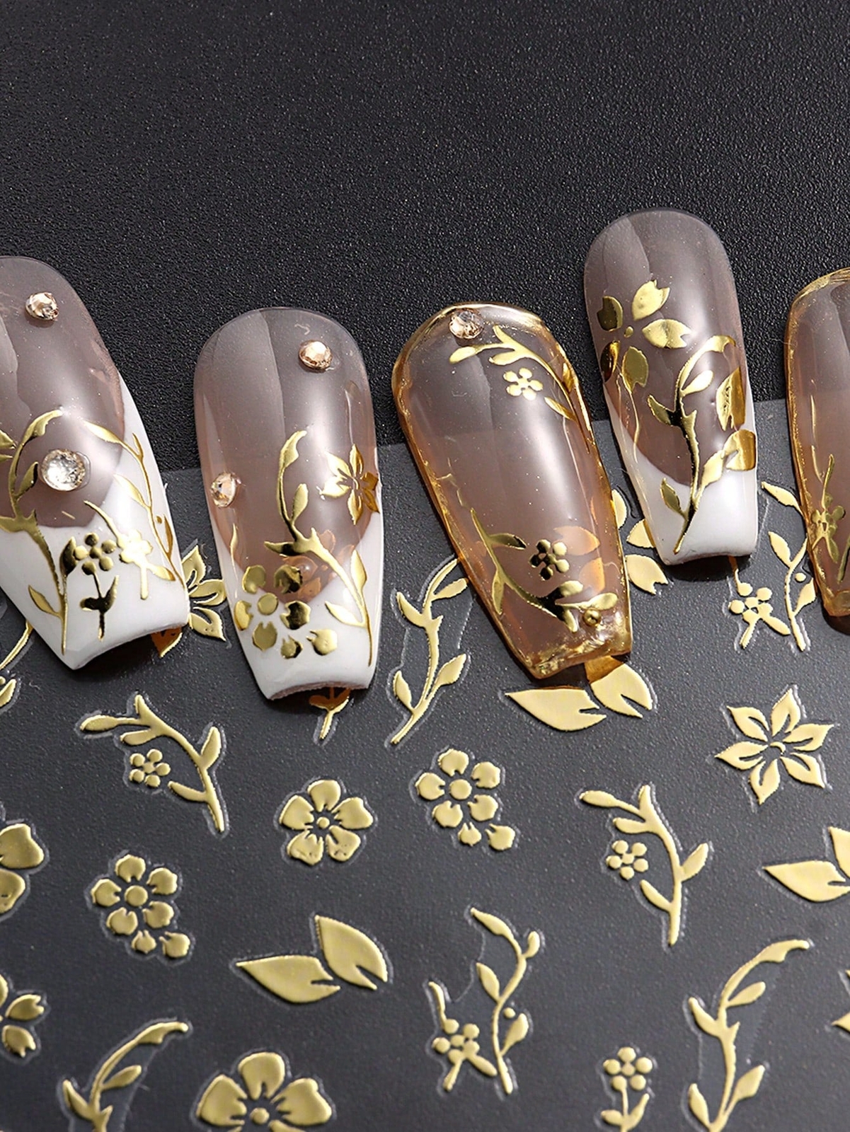 3pcs Flowers Nail Art Stickers Gold Rosegold White Spring Summer Simple Florals