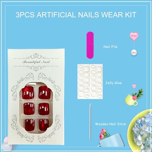 Wine Press On Toenails – 24Pcs Square Fake Toe Nails With Glitter Red Cat Eye