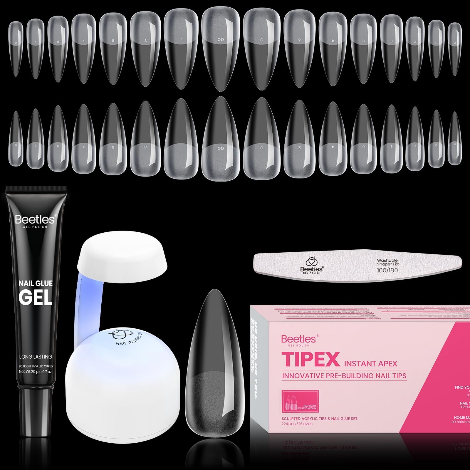 224PCS Medium Stiletto Nail Tips Kit – Reinforced Apex, 20g Nail Glue & Mini UV
