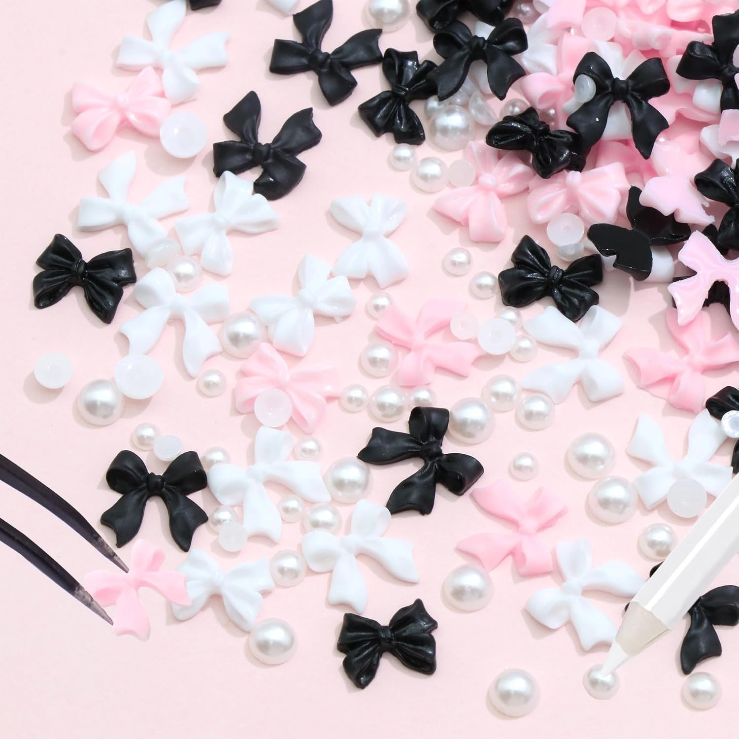 Versatile 300 Pcs Bow Nail Charms Set with Flatback Pearls – Perfect for Crafts