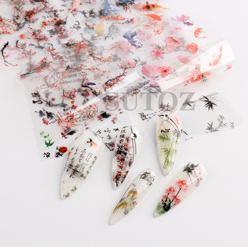 10Pcs Ink Asian Pictures Flower Nail Art Transfer Foil Sticker Manicure RTY NS54