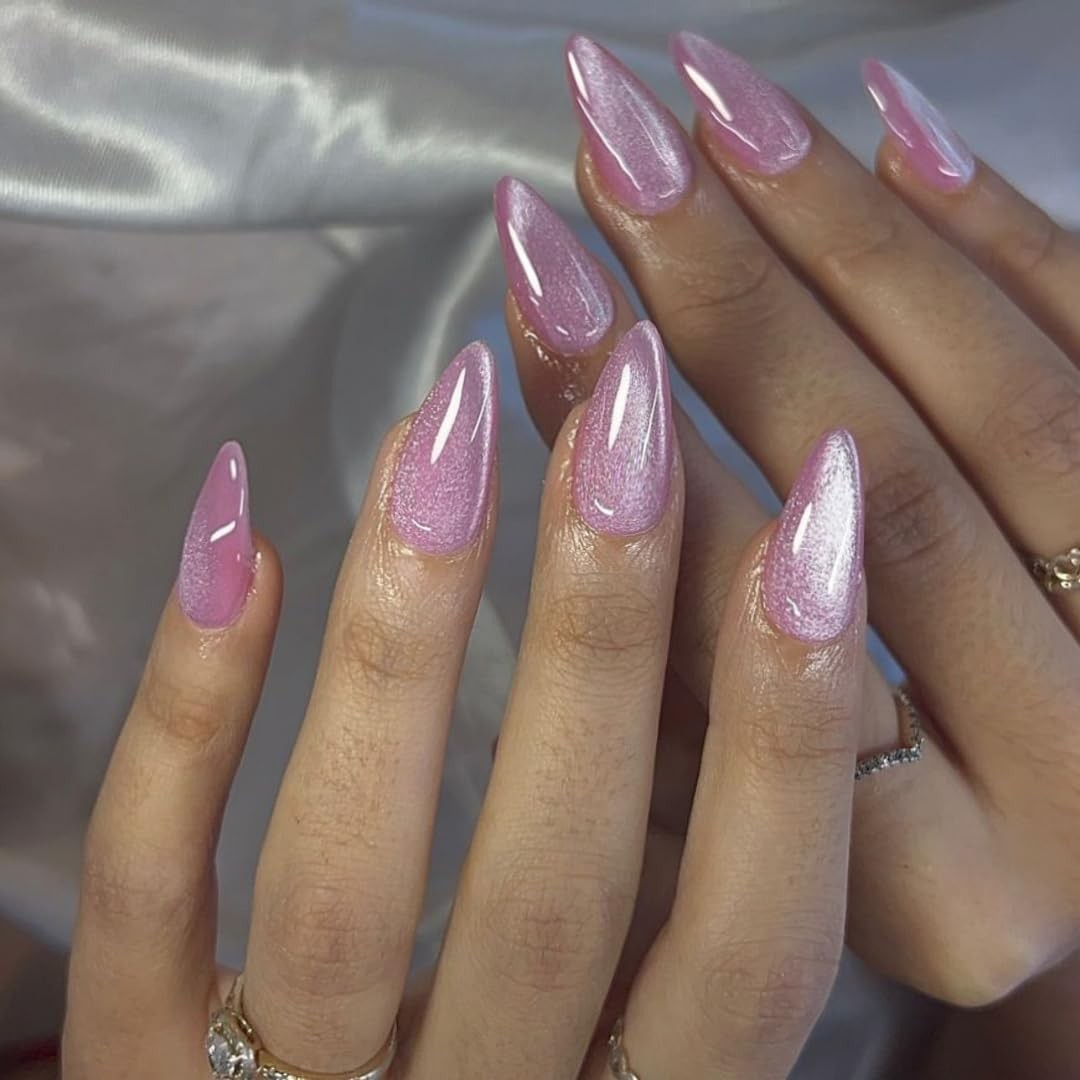 KQueenest Pastel Pale Pink Cat Eye Press On Nails, 30 Pcs 15 Sizes Shiny
