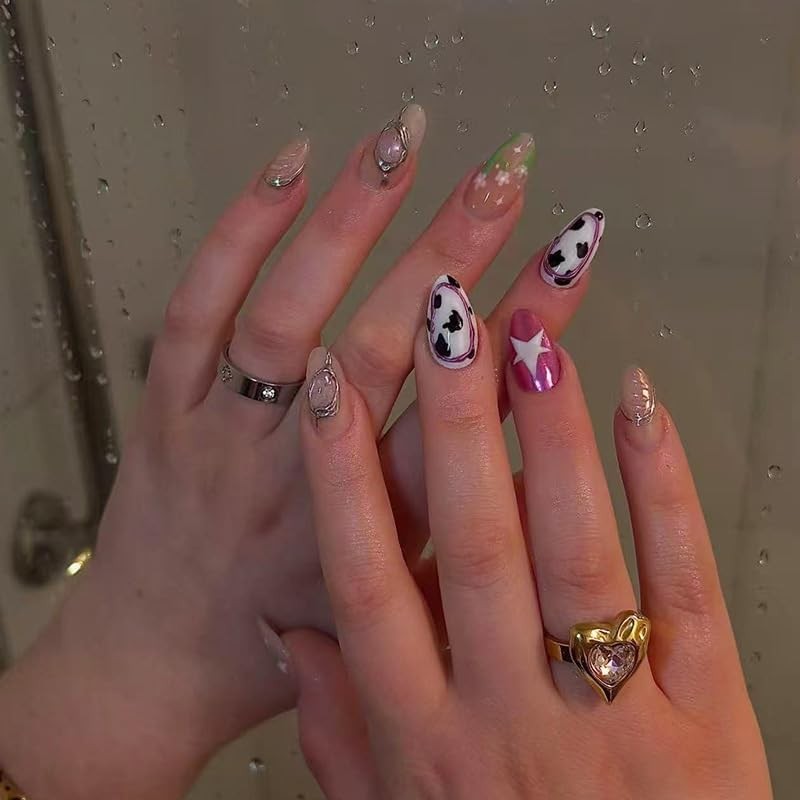 Almond Press on Nails Short Nude Fake Nail Cow Print with 3D Embossed Design …