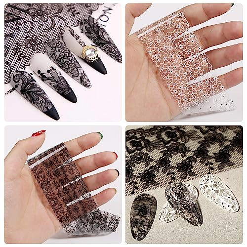 20 Rolls Lace Nail Foil White and Black Nail Transfer Foil Flower Nail Art