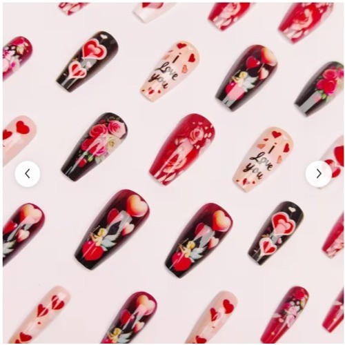 24Pc Glossy Heart Rose Press On Nails Coffin Ballerina Full Cover Reusable