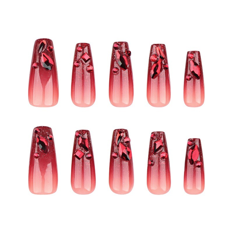 24pcs-Press on Nails Red Ombre Glitter Crystal Rhinestone Long Coffin Nail Set