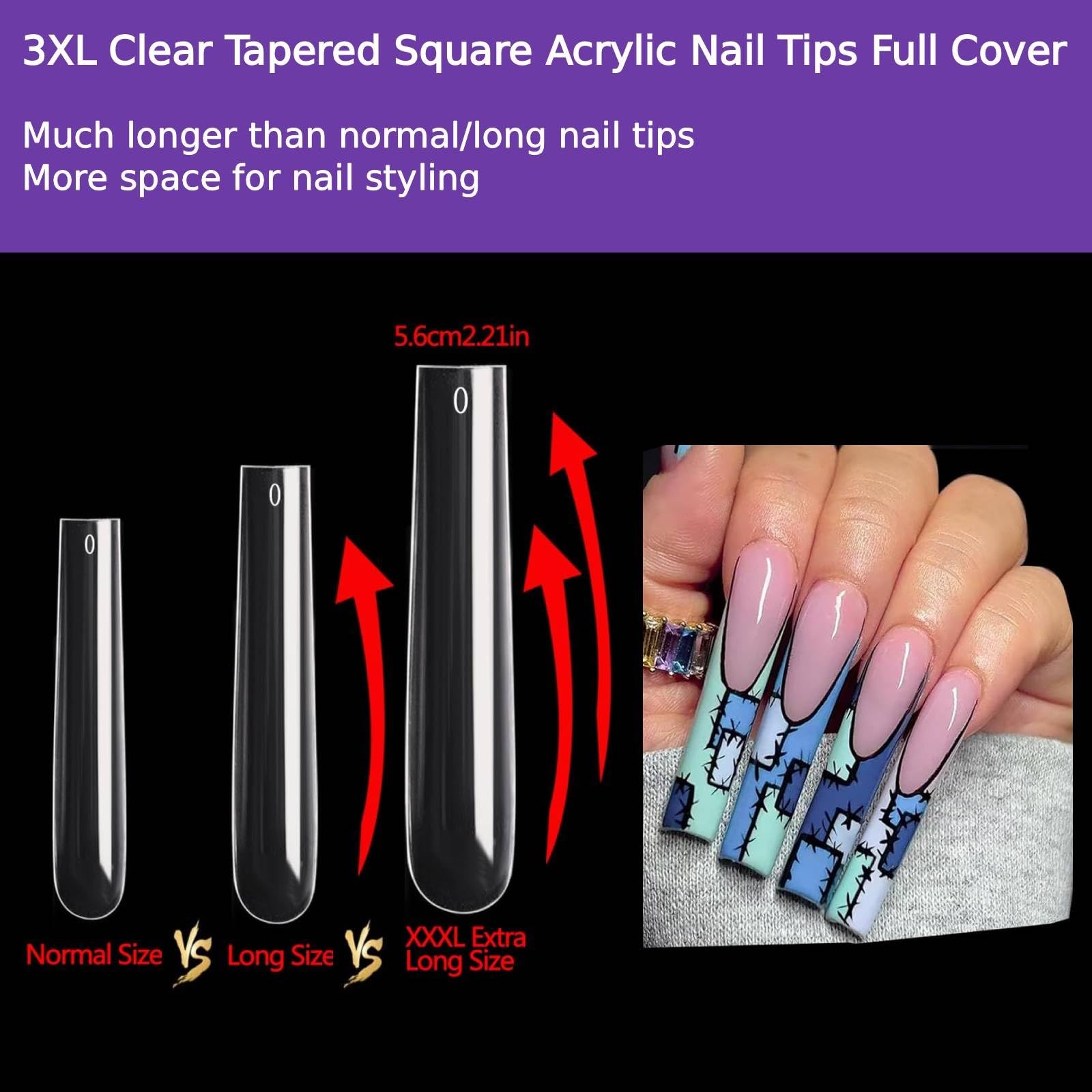240Pcs Square Nail Tips, Full Cover Extra Long Tapered Square Nail Tips, 12 S…