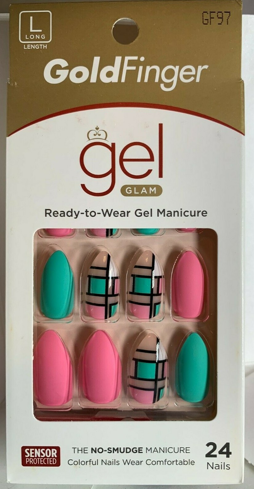 Gold Finger Nails Manicure Long Pink Teal Pattern accent almond matte geometric