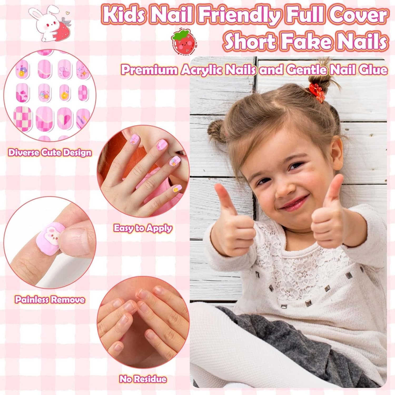 288 Pieces Kids Stick on Nails Girls, Acejoz Fake Nails Set Self Adhesive Press