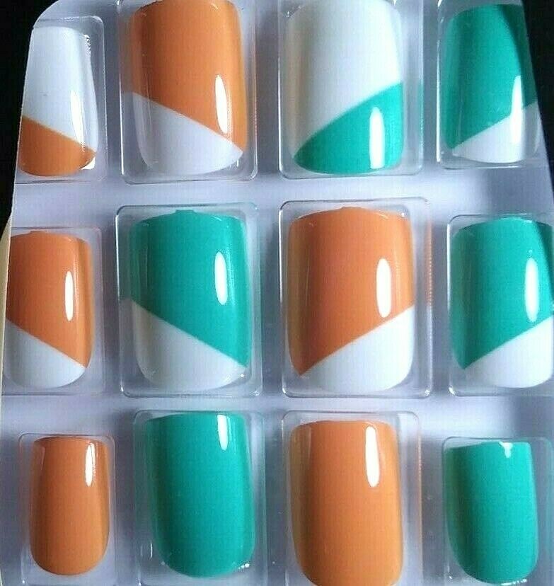 LA Colors 24 Glue On Nails Short Square Retro Orange Vintage Green Artic White