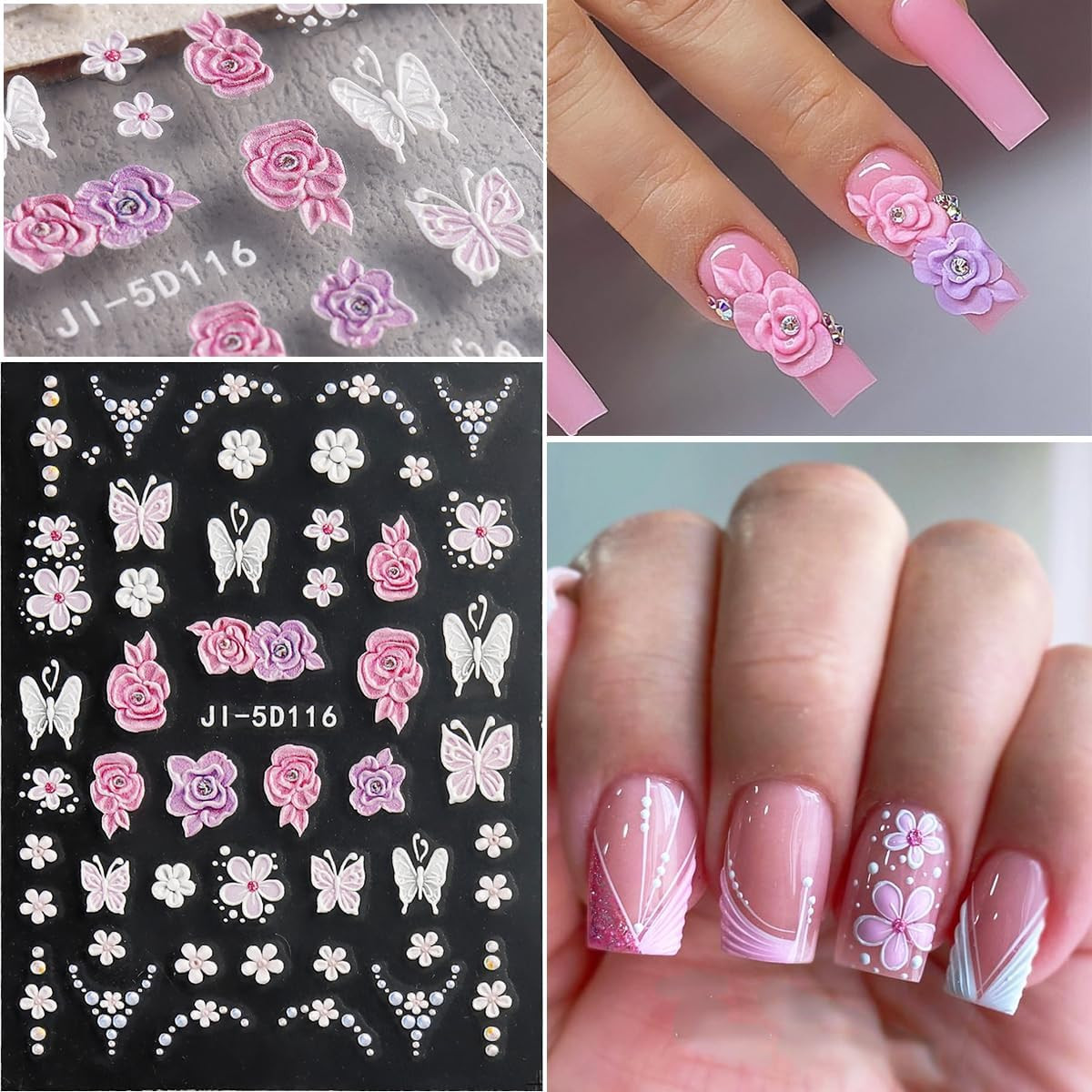 Pegatinas Unas Flores 4 Pz 3D Grabado Acrilico Decoracion Manicura Diseno Floral