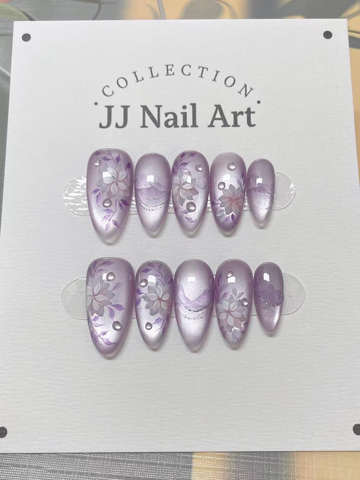 Custom Pure Handmade Nails Purple Shimmer Flower Mountain Pearl Elegant Manicure