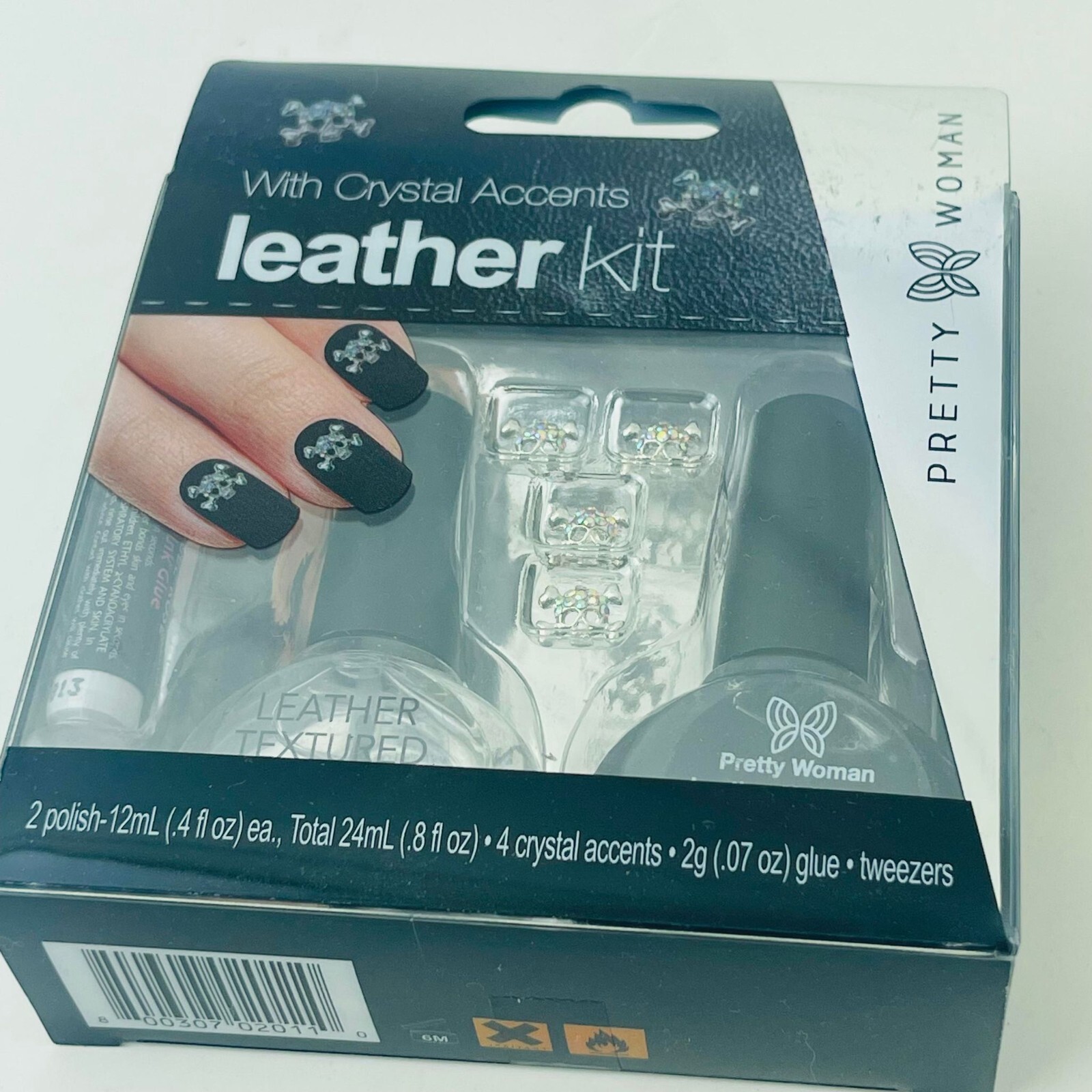 Pretty Woman Nail Leather Kit 2Polish 12ml, 2g Glue & Tweezers,4Crystal Accents