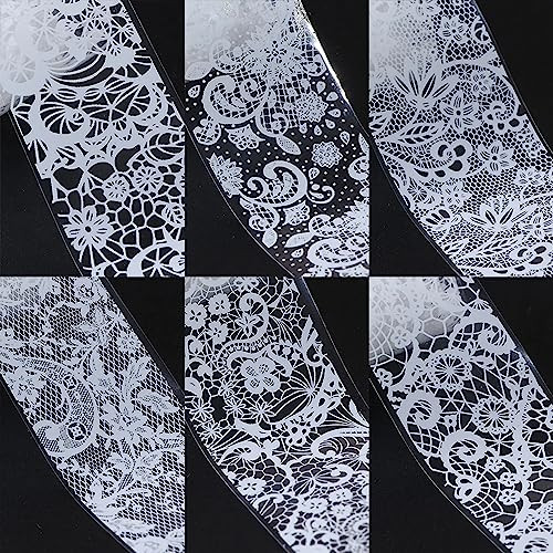 20 Rolls Black White Lace Nail Art Foil Transfer Sticker Kit Flower Foil