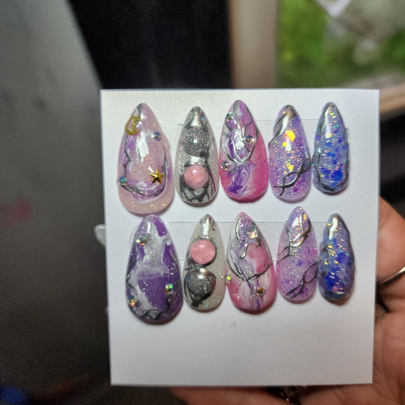 Handmade Medium Size Medium Length Stiletto Acrylic Press-ons W/Chrome Celestial