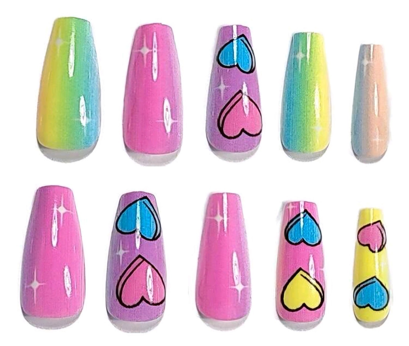 Press-On Nails Candy Hearts Bright Pastel Pink Yellow Medium/Long Coffin