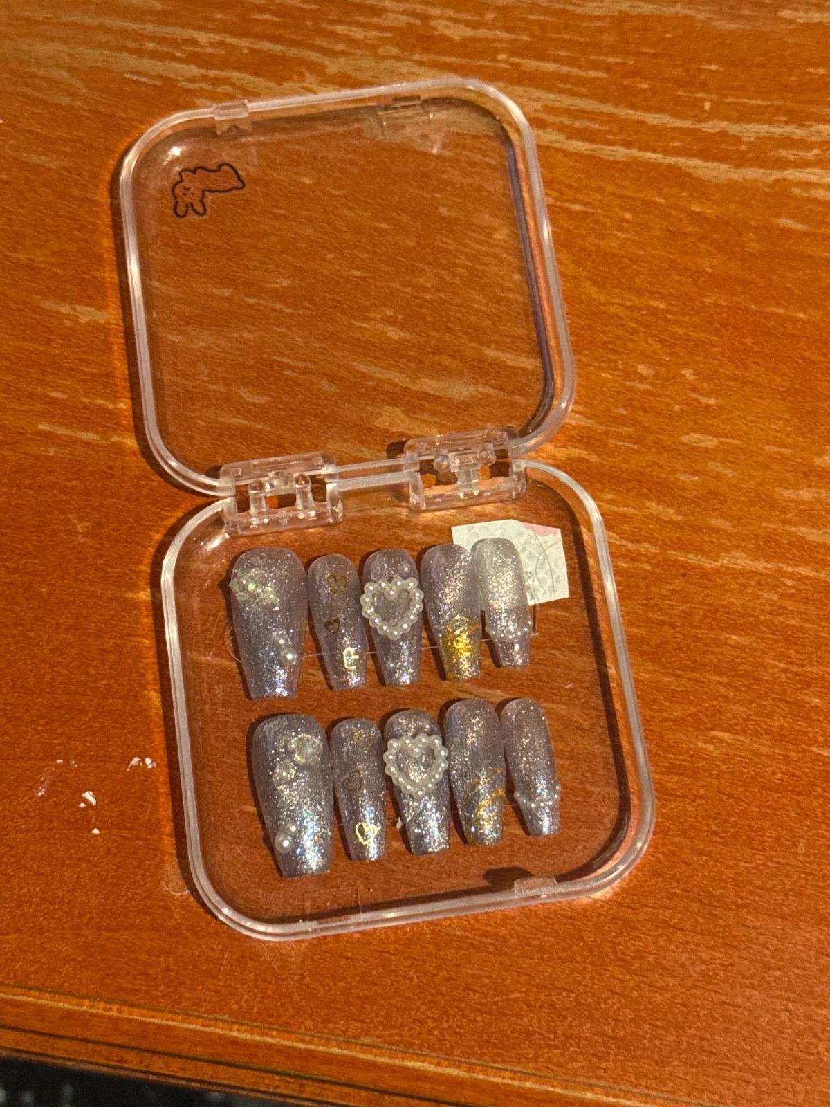 Homemade CUSTOM PressOn Nails, Coffin, XS/S, Long, Grey/Sparkly, Tweens, 3D Gem