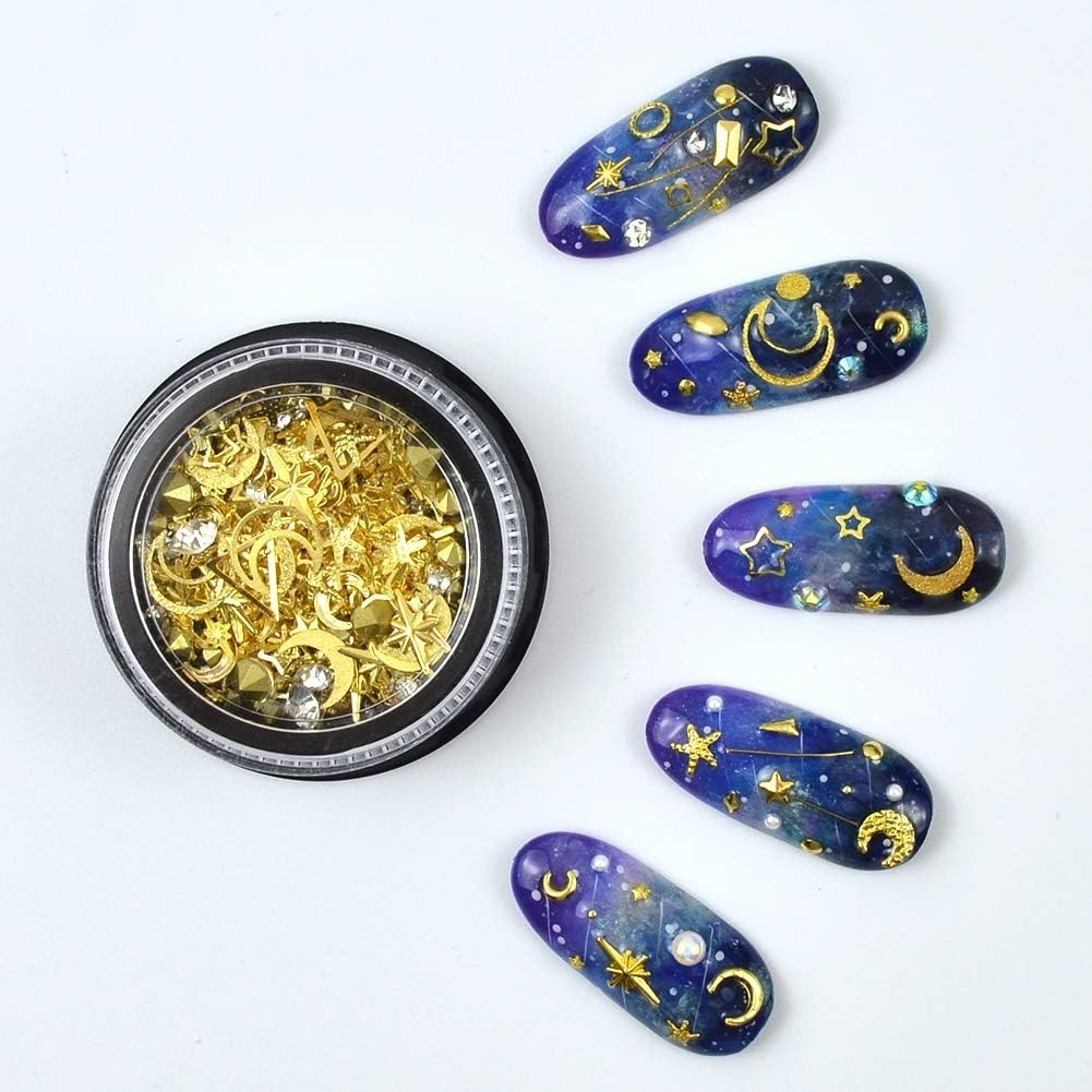 Gold Nail Studs Gems Sparkle Rhinestones Metal Rivets Charms Hollow Moon Star…