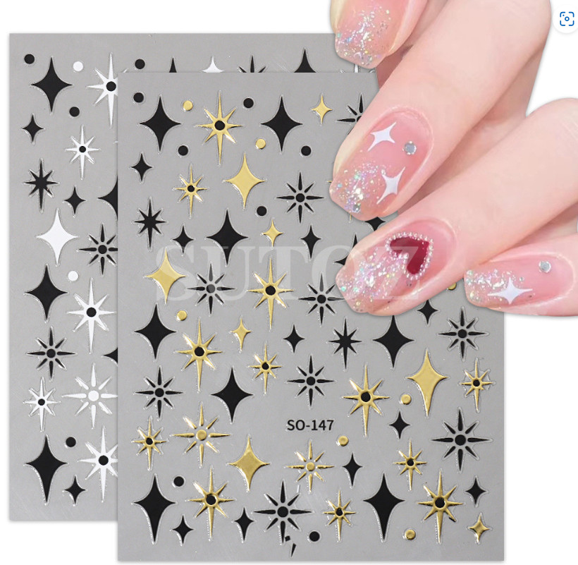 3Sheets Black Gold Silver Star Sun French Tips Nail Stickers Manicure NH18