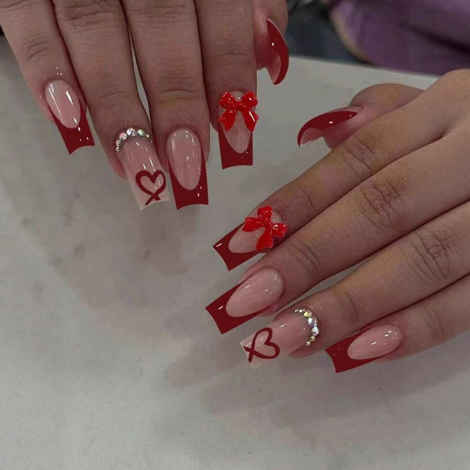 24pcs Bow Heart Press on Nails Medium Coffin Red French Tip Fake Nail with 3D…