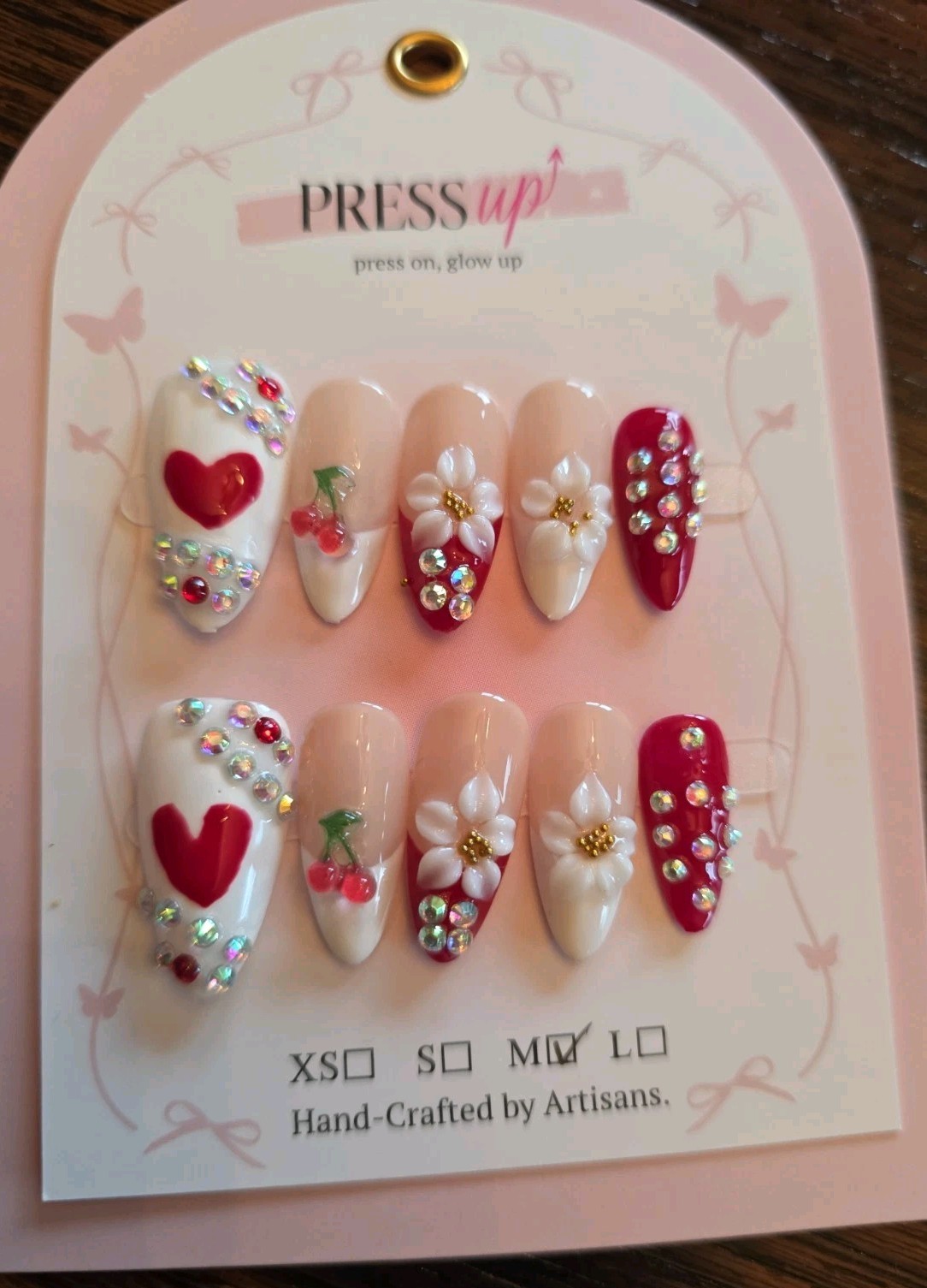 Gorgeous Set 3D Press-On Nails Red White Floral Hearts 1″ (2.5 Cm) Medium Width